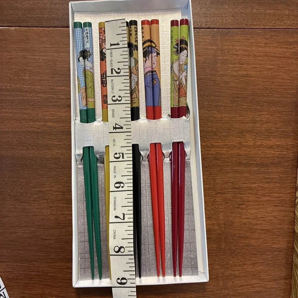 Set Of 5 Pairs Japanese Lacquered Wooden Chopsticks Geisha Girls In Box 9